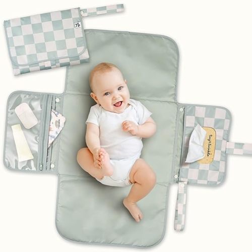 Tiny Twinkle Portable Diaper Changing Pad – Foldable, Waterproof & Compact Travel Changing Mat with Storage | Smart Wipes Pocket for On-The-Go Parents | Gift for Newborn Baby Girl & Boy(Sage Checkers)