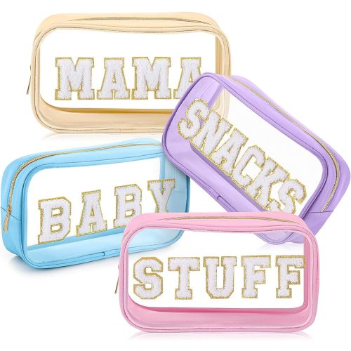 4 Pcs Mama and Baby Toiletry Bag Clear Chenille Letter Diaper Bag Pouch Snacks Makeup Stuff Travel Preppy Transparent Pouch with Zipper for Women Gift(Macarons Color)