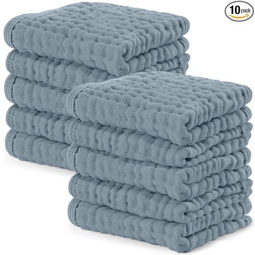Comfy Cubs Muslin Baby Washcloths 10 Pack - Soft 6-Layer Cotton Wash Cloths for Sensitive Skin - 10"x10" Large, Gentle, Absorbent Infant Essentials for Newborn and Toddlers - Pacific Blue