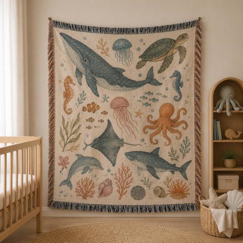 Ocean Animals Woven Blanket, Sea Life Nursery Throw Blanket, Whale Turtle Shark Baby Room Wall Tapestry BRD-WG113