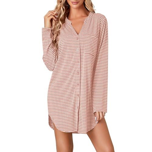 Vrtige Women's Striped Nightshirt Button Down Long Sleeve Nightdress Nightgown with Pocket