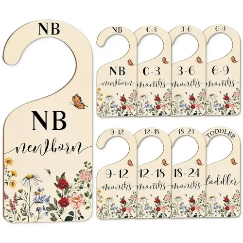 Whaline 8Pcs Vintage Wildflower Hanging Wood Baby Closet Size Dividers and Organizer - Newborn to 24 Months - Thicken Wardrobe Organizer for Home Nursery