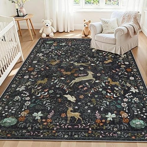 6x9 Area Rugs Washable Rug: Lagre Boho Living Room Rug Soft Non-Slip Thin Carpet Indoor Floor Non-Shedding Neutral Floral Carpets for Bedroom Dining Room Farmhouse Nursery Black