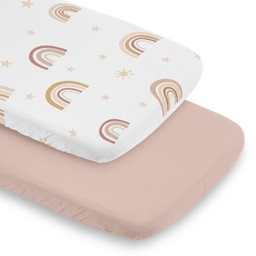 Sweet Jojo Designs Girl Baby Bassinet Fitted Sheets Set Boho Rainbow Pink Yellow and Tan 2pc