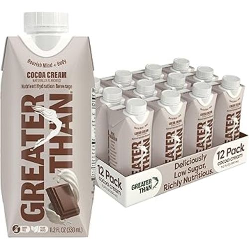 Greater Than Nutrient Hydration Beverage, Electrolyte Drink for Gut Health & Energy with Coconut Water, Vitamins, Gluten Free, Plant Based, Low Sugar, Cocoa Cream, 12 Pack