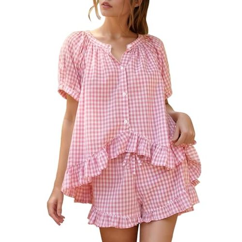 Flygo Womens Gingham Pajamas Set 2 Piece Cotton Pj Lounge Sets Puff Sleeve Ruffle Babydoll Shirt Shorts Summer Outfits