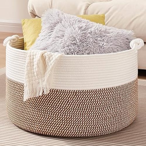 Large Blanket Storage Basket for Living Room, 22.8" x 22.8" x 13" Woven Cotton Rope Basket with Handles, Baby Toy Storage, Laundry Hamper for Clothes, Pillows, Towels-Yellow and White
