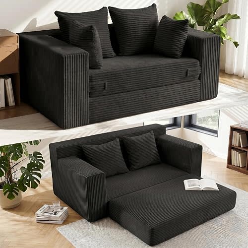 Convertible Sofa Bed, 5 in 1 Small Boneless Couch Pull Out Loveseat Sleeper Sofa,Corduroy Futon Couch Folding Mattress with 4 Pillows for Living Room (Black, 56INCH)