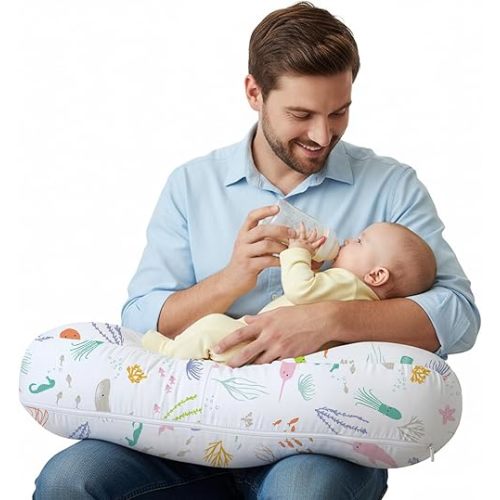 Little Grape Land Nursing Pillow for Breastfeeding, Ergonomic Feeding Pillow with Removable Cover, Baby Feeding Pillow with Hidden Zipper Guard and Supportive Breathable Filling, Ocean, Upgraded