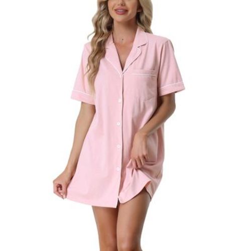 cheibear Women's Notched Collar Button Down Pajama Shirt Dress with Pocket
