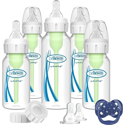 Dr. Brown's Natural Flow Anti-Colic Options+ Narrow Baby Bottle Gift Set with Advantage Pacifier, and Bottle Travel Caps