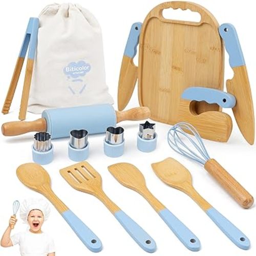Wooden Kids Cooking Set Montessori Kit - Real Toddler Kitchen Tools & Baking Utensils - 30PCS Cooking Kit for Kids with Storage Bag, Great Gift for Pretend Play & Montessori Learning (Blue)