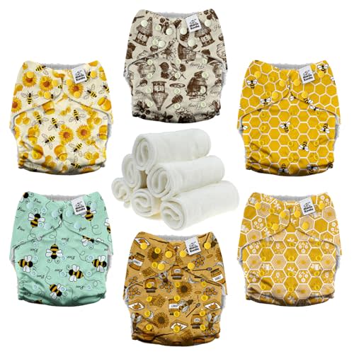 Mama Koala 3.0 Pocket Cloth Diapers for Babies with AWJ Lining, 6 Pack with 6 4-Layer Natural Cloth Diaper Inserts - Reusable and Washable Pocket Diapers(Hardworking Bees)