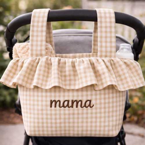 Personalized Ruffle Stroller Caddy Bag | Baby Shower Gift | Mom Tote Organizer | Latte Gingham Stroller Bag