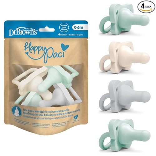 Dr. Brown's HappyPaci 100% Silicone Baby Pacifier, Contoured One-Piece Design, Gray, Green, Ecru, 0-6m, BPA-Free, 4-Pack