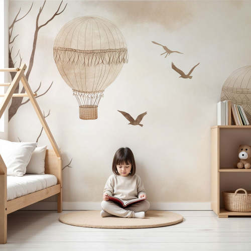 Nursery room wallpaper | Vintage hot air balloons and poetically flying birds