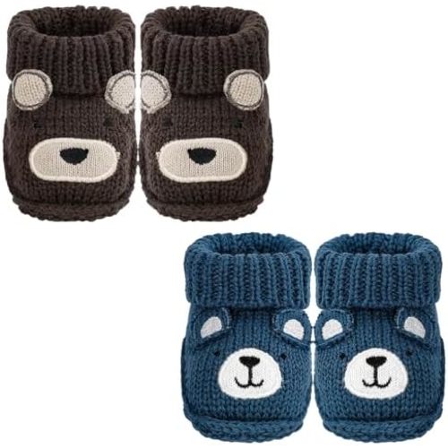 Newborn Knit Booties Soft Baby Sock Boots for Infant Boys Girls First Walkers 2 Pairs, 0-3 Months
