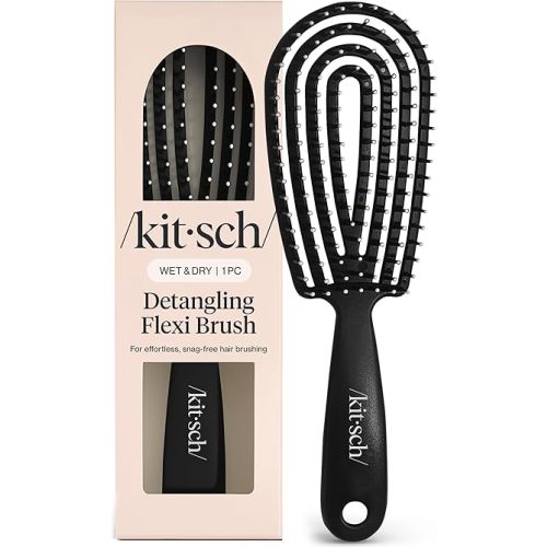 Kitsch Hair Brush Detangler – Flexi Flow Hair Brush for Women, Men & Kids | Detangling Brushes for Curly Hair with Bendable Frame, Bounce Curl Defining Brush for Wet or Dry Strands - Black