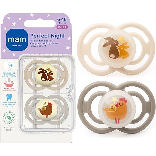 MAM Perfect Baby Premium Pacifier 6-16 Months, Extra Thin Nipple, Developed with Orthodontists, Clinically Proven, Glows in The Dark, BPA-Free Silicone, 2 Pack, Made in Europe