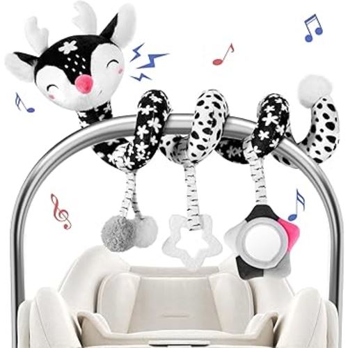Car Seat Toys for Babies 0-6 Months Boy&Girl, Carseat Toys Hanging Black and White High Contrast Toy for Baby 0-3 Months, Spiral Activity Plush Toys Stroller Toys for 0 3 6 9 12 Months Baby Ideal Gift
