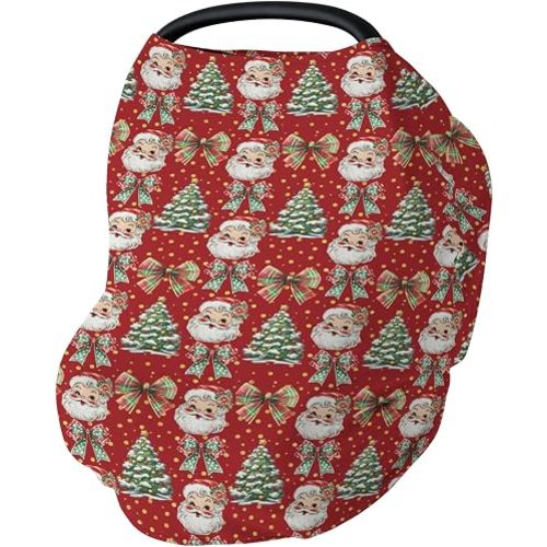 Christmas Santa Trees Car Seats Cover for Babies Santa Claus Red Green Bows Stretchy 5-in-1 Cover Adjustable Car Canopy Cover Winter Holiday Breathable Nursing Cover-Up