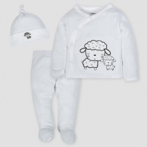 Gerber Baby Sheep 3pc Side-Snap Shirt, Footed Pants and Cap Set - Gray 0-3M