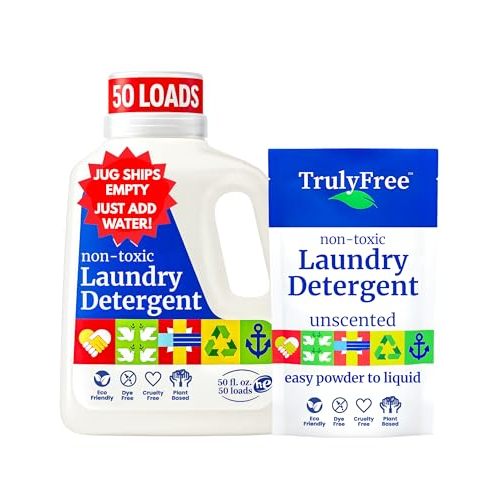 Truly Free Laundry Wash Detergent for Sensitive Skin, Gentle & Safe for Baby Clothes | Plant-Based, Natural Ingredients | Unscented | Include 1 Refillable Bottle (50 Loads)