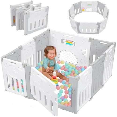 Baby Playpen, Dripex Baby Playard for Babies and Toddlers, 10-Panel Foldable Playpen Adjustable Portable Play Area, Indoor/Outdoor Kids Active Center with Game Panel & Safety Gate, Grey White