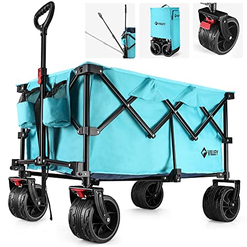 VILLEY Collapsible Folding Wagon with Big Wheels, All Terrain Beach Wagon Cart Heavy Duty Foldable, Enlarged 225lbs Capacity, Portable Utility Garden Cart with 2 Cup Holders and Brake, Blue