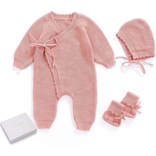 Cotton Baby Knit Romper Kimono Newborn Outfit Gift Set Hat Booties