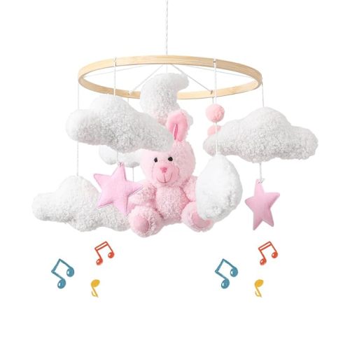 EERKEOD Baby Crib Mobile Bunny Nursery Mobile for Boys Girls Teddy Velvet Mobile Nursery Decor for Infant Bedroom Hanging Baby Mobile for Bassinet Newborn Baby Gift(Pink Bunny)