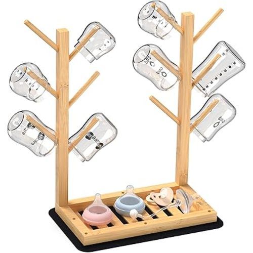 Baby Bottle Drying Rack, Vertical Bamboo Bottle Dryer Holder with Water Absorbent Pad, Space Saving Baby Bottle Organizer for Baby Bottles, Pump Part & Accessories(Natural, 12 Bottles)