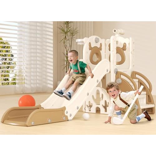 XJD 7 in 1 Toddler Slide, Kids Indoor Slide for Toddlers 1-3, New Upgrade with Golf, Basketball Hoop for Indoor Outdoor Playset,Toddler Playground (White Brown)
