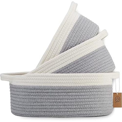 NaturalCozy 3-Piece Oval Storage Basket Set– Soft Natural Rope Woven Baskets for Storage Shelf, Toy, Nursery, Gift, Baby Shower, Pets Cat Dog Bins | Small Basket for Organizing (Off White & Gray)