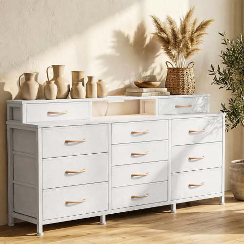 Tydimor Modern Dressers for Bedroom, Wide Chest with 12 Fabric Drawers for Living Room, White