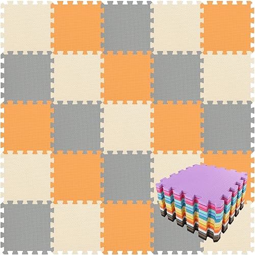 qqpp EVA Rubber 18 Tiles Interlocking Puzzle Foam Floor Mats - Baby Play Mat for Playing | Exercise Mat for Home Workout. Orange, Beige, Gray. QC-BJLb18N