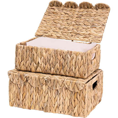 Set of 2 Scalloped Edge Wicker Baskets with Lids, Rectangle Wicker Storage Bins with Built-in Handles, Multipurpose Rattan Organizer Boxes for Shelves, Nursery, Home Storage