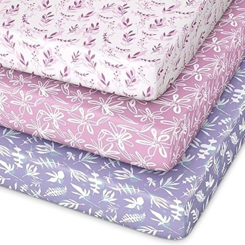 Unnivoll Pack and Play Sheets Fitted 3 Pack, Mini Crib Sheets for Pack N Play Mattress Stretchy Portable Playard Sheets, Soft Breathable Purple Leaf
