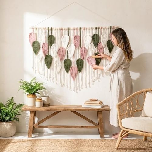 WOODSTICK Large Macrame Wall Hanging 52.3"W x 31"L - Boho Wall Decor in Beige, Old Pink & Green - Chic Woven Leaf Leaves Boho Tapestry, Handmade Cotton Fiber Art, Macrame Wall Décor, Bedroom Tapestry