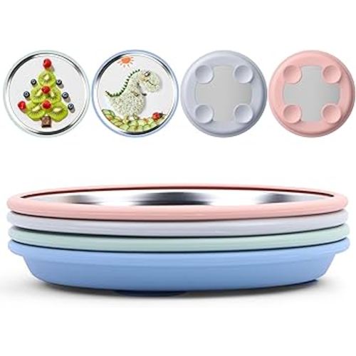 8" Stainless Steel Baby Suction Plate, Toddler Plates with Removable Silicone Sleeves, Non Toxic Unbreakable Led Weaning Supplies Kids Snack Dishes Set of 4, Sage Blue Gray Blush