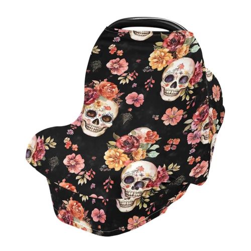 Baby Car Seat Canopy Covers Nursing Cover Stretchy Boys Girls Skull Flower Black Carrier Cover Breastfeeding Cover Breathable