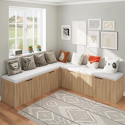 L-Shape Storage Bench with Cushion, Backless Corner Dining Bench, Kitchen Dining Nook Bench with Hidden Storage for Dining Room, Kitchen, Entryway (Natural Wood)