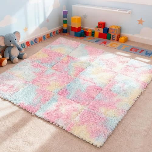 16 Pcs Pastel Shaggy Unicorn Princess Plush Puzzle Foam Floor Mat, 11.8 x 11.8 Inch Soft Interlocking Carpet Tiles, Colorful Shaggy Play Mat for Play Room, Nursery, Dorm Decor