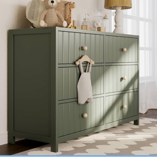 Graco Teddi 6 Drawer Double Dresser (Olive) – GREENGUARD Gold Certified, Interlocking Drawer System, Pre-Installed Drawer Tracks, Includes Two Sets of Knobs for Personalization