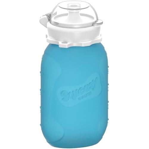 Blue 6 oz Squeasy Snacker Spill Proof Silicone Reusable Pouch - For Soft Foods & Liquids - Water, Apple Sauce, Yogurt, Smoothies, Baby Food - Dishwasher Safe