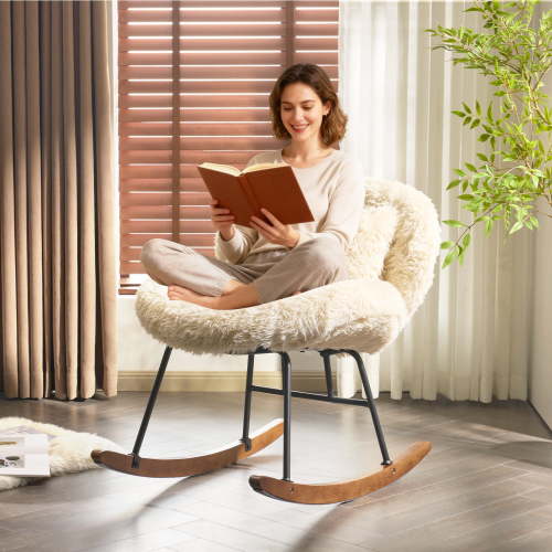 Ktaxon Rocking Accent Chair with Padded Seat, Cute Cozy Nest Style Nursery Chair, Long Pile Fabric Glider Rocker with Wooden Metal Frame Light Khaki