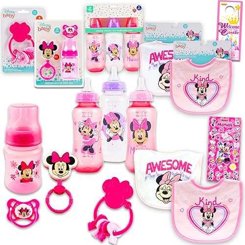 Disney Minnie Mouse Baby Gift Set, Baby Shower Gifts Girls - 10 Pc Newborn Essentials Bundle with Bibs, Bottles, Teether, Scrapbook Stickers, More | Minnie Baby Shower Gift Set
