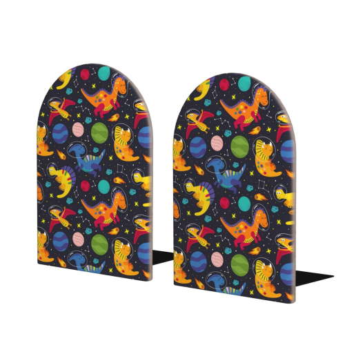 Junzan Dinosaurs in Space for Wood Bookends,1 Pair Book Ends for Shelves Book Holder Stand Decorative Book Stoppers for Heavy Duty Books/CD/File/Video Games