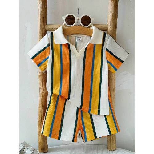 SHEIN Playful Pals 2pcs/Set Infant Toddler Baby Boy Summer Retro Stylish Polo Collar Contrast Stripe Short Sleeve Outfit, Suitable For Outings, Casual Home, Sports, Party, Displaying Vitality And Personalized Vintage Boy Clothes Vintage Toddler Clothes Ba