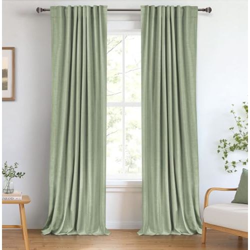 100% Blackout Shield Linen Blackout Curtains for Bedroom 84 Inches Long, Back Tab/Rod Pocket Living Room Drapes, Thermal Insulated Blackout Curtains 2 Panels Set, 50" W x 84" L, Sage